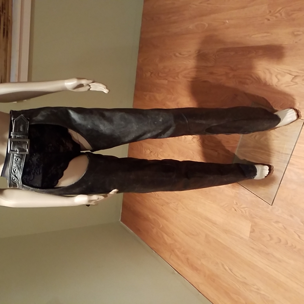 Harley Davidson Gray Leather Motorcycle Chaps With Snaps Lacing Zippers S